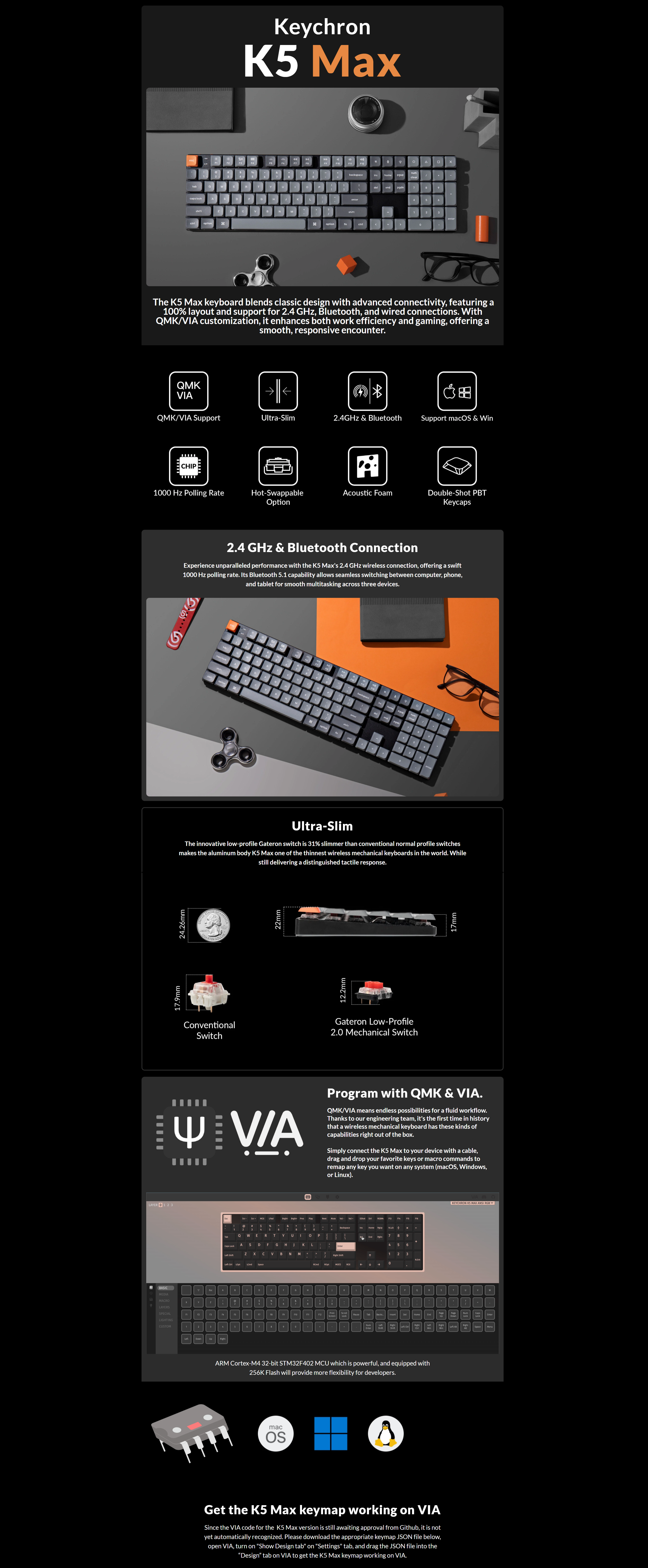 A large marketing image providing additional information about the product Keychron K5 Max RGB Low Profile QMK/VIA Wireless Mechanical Keyboard - (Gateron Red Switch) - Additional alt info not provided